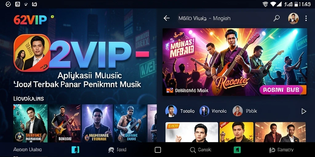 Tampilan screenshot utama 62VIP menunjukkan berbagai fitur aplikasi Music.