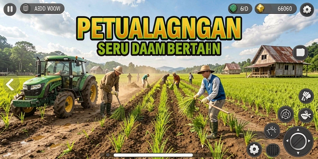 Screenshot gameplay 66D menampilkan lahan pertanian yang subur dan beragam tanaman.