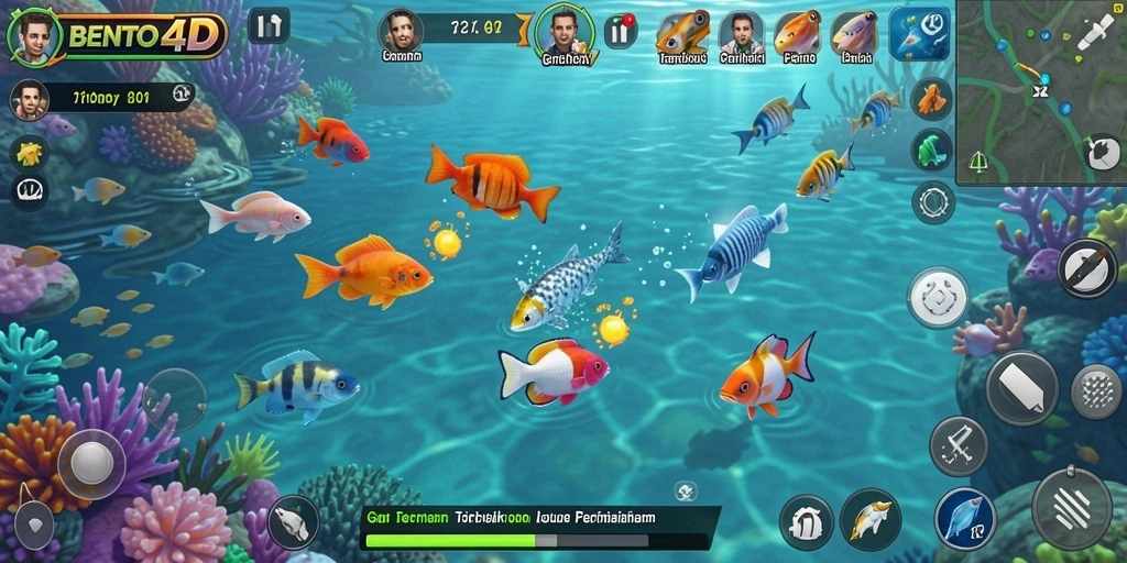 Screenshot gameplay BENTO4D dengan aksi menembak ikan.