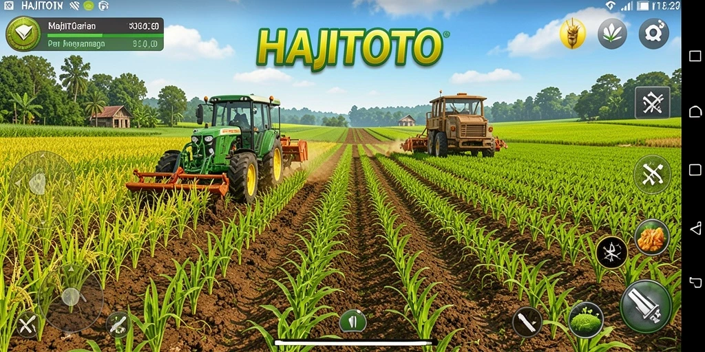 Tampilan gameplay HAJITOTO dengan taman yang subur dan hewan ternak.