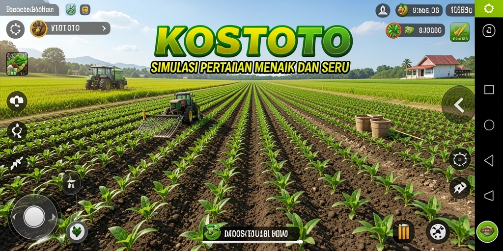 Screenshot gameplay KOSTOTO menunjukkan lahan pertanian yang rimbun dan beragam tanaman.