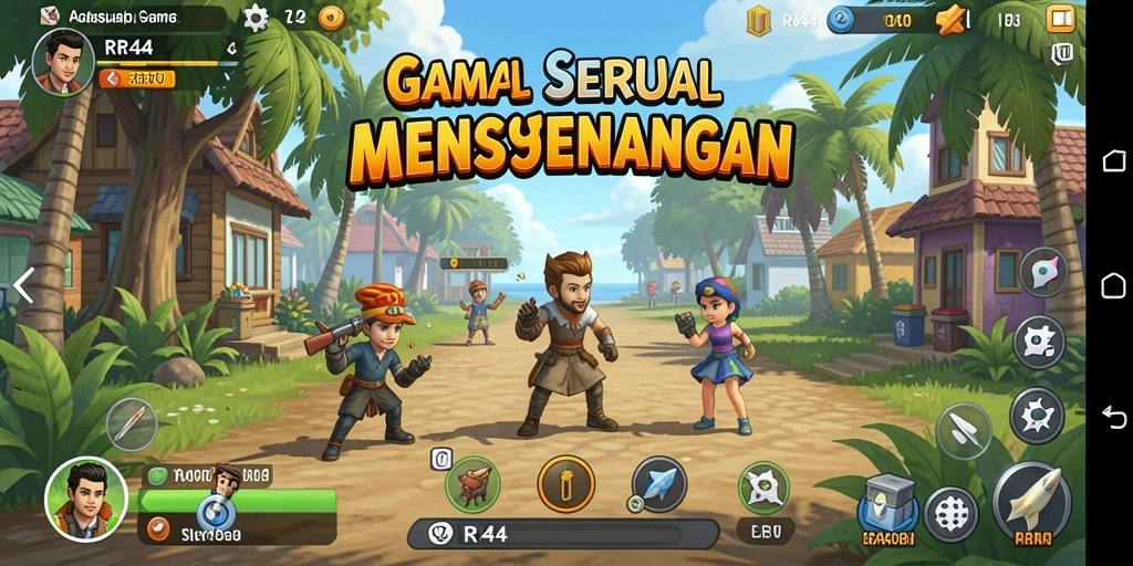 Screenshot utama gameplay RR44 yang menarik dan penuh warna.